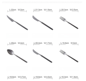 Detailed size chart for stainless steel vintage cutlery set showing dimensions and weight
