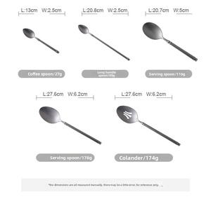 Detailed size guide for various stainless steel service spoons with precise measurements