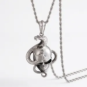 Snake Coiled Skull Pendant Stainless Steel Gothic Punk Rock Style For Men Jewelry Cool Retro Accessory