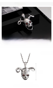 Detail of punk horned skull pendant with red zircon eyes and stainless steel dimensions