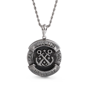 Polished stainless steel round pendant with embossed anchor design and nautical engraving