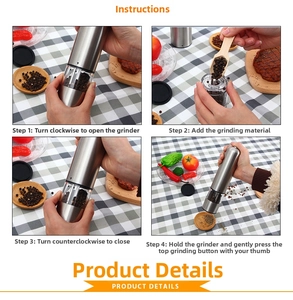 Step-by-step guide showing how to open, fill, and use the electric stainless steel pepper mill