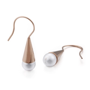 Elegant rose gold tapered drop earrings featuring white pearls on a clean white background