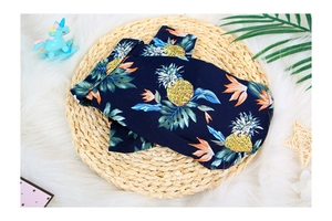 Detail of tropical pineapple print on navy blue summer pet shirt laid on woven mat