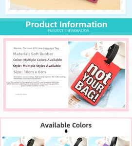 Detail of red PVC luggage tag with 'not YOUR BAG!' slogan and black removable strap