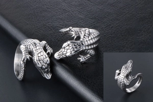 Macro shot of the realistic crocodile skin texture on this vintage punk metal ring