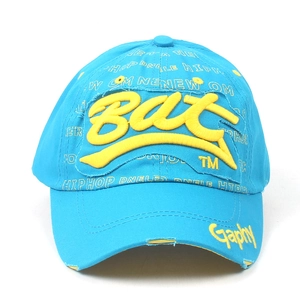 Casquette de baseball en coton bleu avec broderie Bat jaune et visière usée
