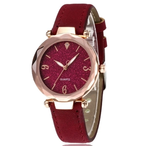 Women's quartz watch with burgundy glitter dial, rose gold case and leather strap
