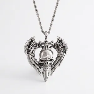 Gothic Skull Wings Sword Pendant Stainless Steel Biker Punk Rock Style Necklace Charm For Men Retro Vintage