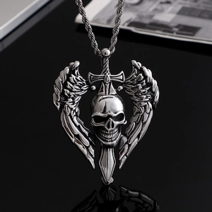 Punk vintage stainless steel skull pendant necklace with sword and wings on black base