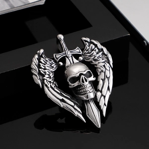 Punk vintage skull pendant with wings and sword in antique silver stainless steel