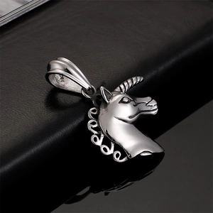 Polished silver unicorn head pendant necklace for men in stainless steel finish