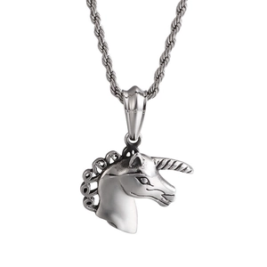 Polished silver unicorn head pendant necklace with twisted rope chain for men