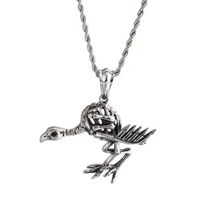 Gothic Bird Skeleton Pendant Necklace Stainless Steel Vintage Punk Crow Skull Animal Jewelry For Men Women