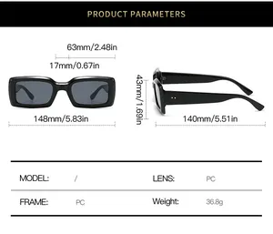 Detailed size guide for rectangular fashion sunglasses with PC frame measurements