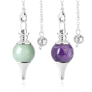 Natural Stone Round Ball Dowsing Pendulum Necklace Healing Crystal Gemstone Copper Cone Divination Pendant For Meditation