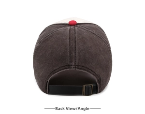 Rear view of washed denim baseball cap with adjustable metal buckle and stitching