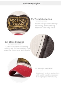 Detail of retro motors racing patch embroidery and distressed brim on baseball cap