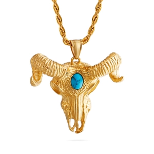 Golden ram skull pendant necklace with turquoise stone and twisted chain for men
