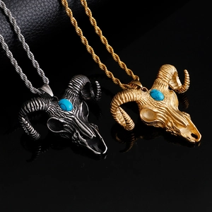 Vintage satanic goat skull necklaces with turquoise stone in silver and gold steel