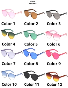 Detailed color selection showing 12 styles of rimless wavy candy colored sunglasses