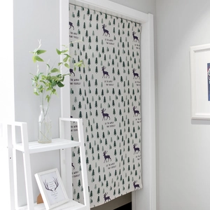 Minimalist cotton linen door curtain with green forest trees and purple elk print