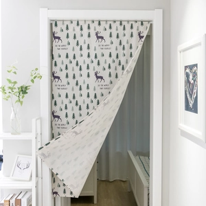 Cotton Linen Door Curtain Printed Deer Tree Geometric Pattern Room Divider Noren For Bathroom Kitchen Entryway Decor