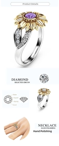 Detail showing sunflower ring design with sparkling cubic zirconia stones and 18k gold accents