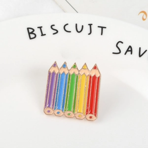 Creative rainbow pencil enamel brooch with colorful alloy pens and gold metal outlines