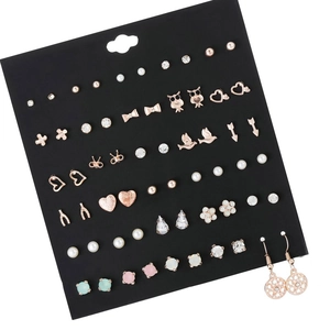 Set of 40 pairs of sweet bow and heart stud earrings with colorful cubic zirconia and pearls