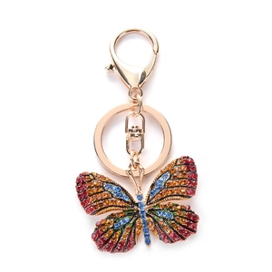 Sparkling butterfly keychain with colorful rhinestones and golden metal lobster clasp