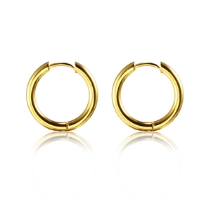 Polished gold stainless steel hoop earrings with huggie hinge closure on white background