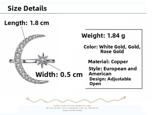 Detailed view of crescent moon and star ring in 18k gold plating with size 1.8cm x 0.5cm
