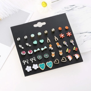 Colorful candy-themed stud earring set for girls featuring unicorn and cherry shapes