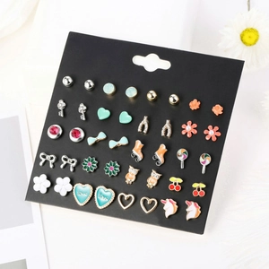 Colorful set of enamel stud earrings featuring hearts, bows, and cute animal shapes