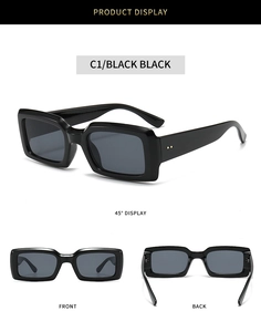 Three-angle display of rectangular black sunglasses with golden rivet accents and dark lenses