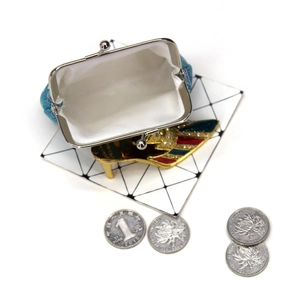 Detail of open retro coin purse with turquoise floral print and shoe charm