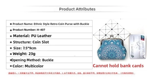 Detailed size comparison of the blue ethnic PU leather coin purse with a clasp closure