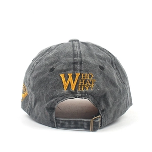 Vintage washed charcoal baseball cap with creative yellow embroidery on the back