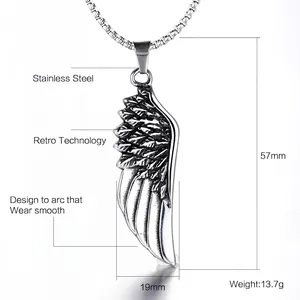 Retro titanium steel feather wing pendant for men with vintage distressed metal finish