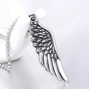 Polished stainless steel feather wing pendant necklace with detailed feather textures