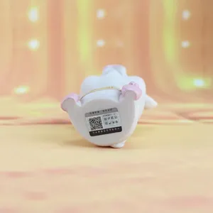 Vue de dessous de la figurine cochon en résine avec étiquette de sécurité et QR code