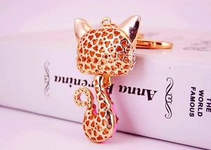 Close-up of golden cat keychain with pink tail detail on an Anna Karenina book