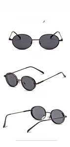 Detailed views of vintage punk sunglasses with black metal frame and dark lenses