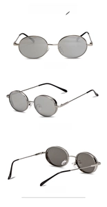 Three views of silver oval punk sunglasses showing front side and back angles