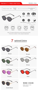 Size chart and dimensions for retro round metal frame sunglasses in seven colors