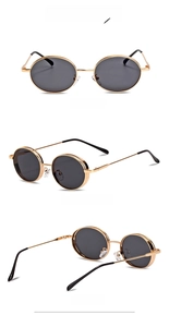 Three-view display of vintage gold metal oval sunglasses with dark lenses