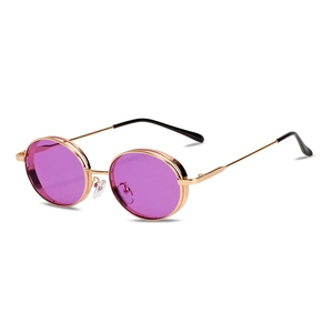 Retro round metal sunglasses with purple lenses and gold frames for fashion women
