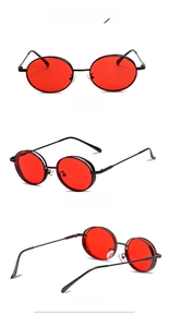 Three-angle view of vintage round sunglasses with red lenses and slim black metal frames
