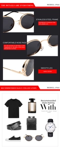 Detail of model 1944 vintage round sunglasses with gold stainless steel frame and black lenses